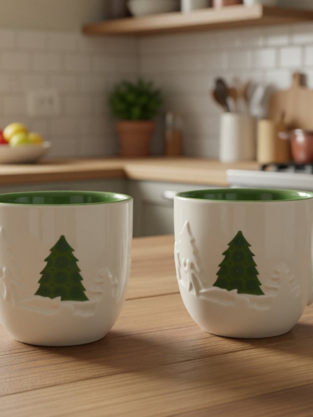 STARBUCKS 2006 Set of 2 Embossed Christmas Trees & Sled 16 Oz GREEN INSIDE MUGS